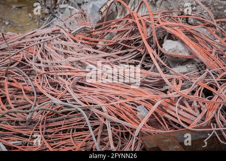 cables of a demolished building lie collected on a pile, cable recycling, Cologne, Germany.  Kabel eines abgerissenen Gebaeudes liegen gesammelt auf e Stock Photo