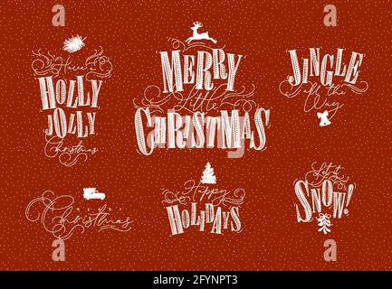 Celebration letterings holly jolly, merry little christmas, jingle all the way, happy holidays, let it snow drawing in pen line style on red backgroun Stock Vector