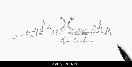 City silhouette amsterdam in pen line style drawing with black lines on white background Stock Vector