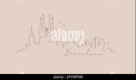 City silhouette barcelona in pen line style drawing with brown lines on beige background Stock Vector