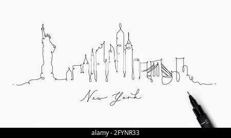 City silhouette new york in pen line style drawing with black lines on white background Stock Vector