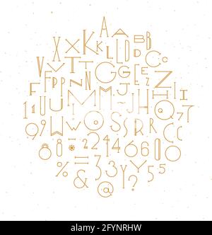 Art deco alphabet drawing with gold line on white background Stock Vector