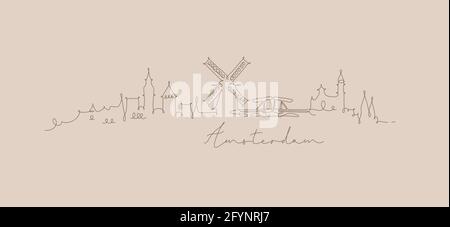 City silhouette amsterdam in pen line style drawing with brown lines on beige background Stock Vector