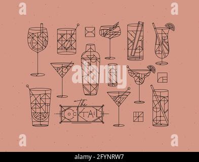 Art deco cocktails set drawing in line style on white background Stock ...