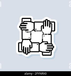 Teamwork sticker. Community, business partnership logo. Gour hands holding together for wrist. Vector on isolated background. EPS 10. Stock Vector