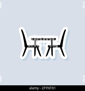 Conference meeting room, board flat sticker. Concilium icon, business meeting. Office desk, chairs. Vector on isolated background. EPS 10. Stock Vector