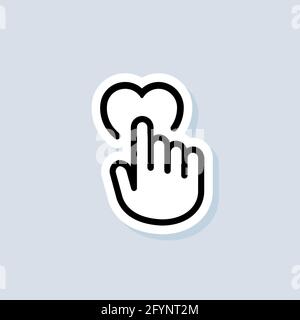 Touch heart sticker. Human hand is pushing on heart icon. Love symbol, sign for wedding. Social media. Donating, charity concept. Vector on isolated b Stock Vector