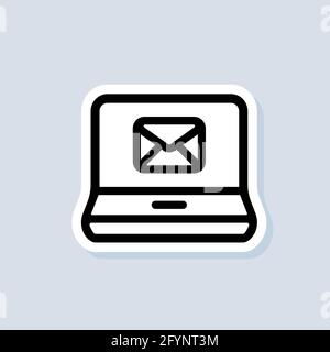 Chat sticker. Laptop with envelope. Newsletter logo. Computer. Email and messaging icons. Vector on isolated background. EPS 10. Stock Vector