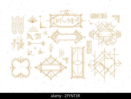 Art deco vintage design elements drawing in gold line style on white background Stock Vector