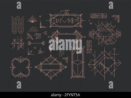 Art deco vintage design elements drawing in line style on dark background Stock Vector