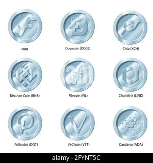 Crypto currency icons coin. Set of digital money for apps, websites or logo. FLAT vector illustrations. firo, dogecoin, Chia, Binance, filecoin, chain Stock Vector