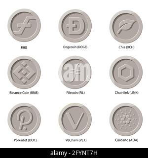 Crypto currency icons coin. Set of digital money for apps, websites or logo. FLAT vector illustrations. firo, dogecoin, Chia, Binance, filecoin, chain Stock Vector