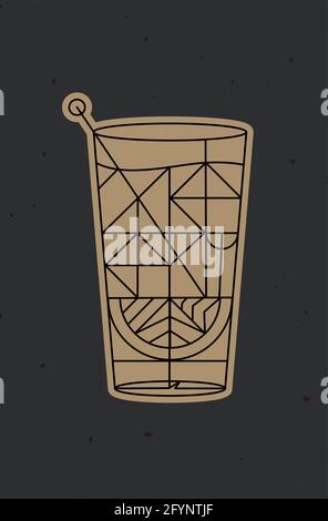 Art deco cocktail tequila drawing in line style on dark background Stock Vector