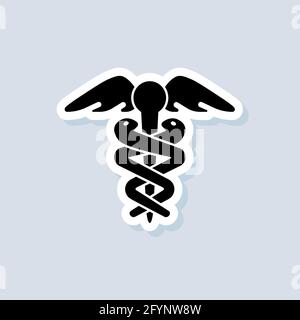 Caduceus sticker. Hermes healthcare logo. Medical sign. Vector on isolated background. EPS 10. Stock Vector