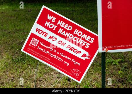 Political signs, for issue of Homeless encampment, Austin, Texas, USA, by James D Coppinger/Dembinsky Photo Assoc Stock Photo