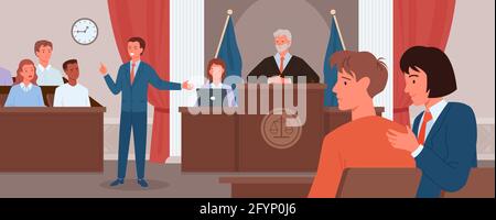 Court judgment, law justice concept vector illustration. Cartoon advocate lawyer or prosecutor character giving speech in front of judge, jury in Stock Vector