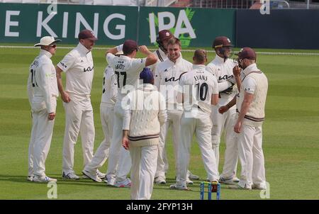 London, UK. 29 May, 2021. London, UK. A grinning Will Jacks after getting his 1st first-class wicket as Surrey take on Gloucestershire in the County Championship at the Kia Oval, day three David Rowe/Alamy Live News