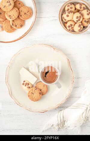 Turkish coffee served with variety of cookie and biscuits on table Stock Photo