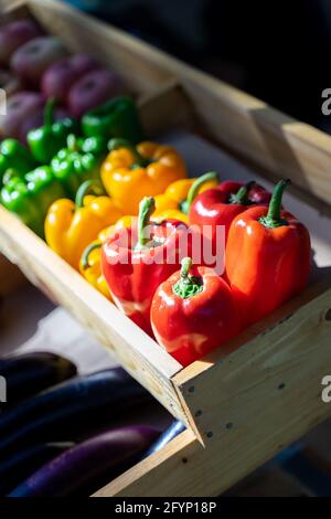 Red, green and yellow bell peppers in the vegetable box at the market. Stock Photo