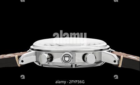 Highly detailed side view of Dahndel chronograph watch on black background Stock Photo