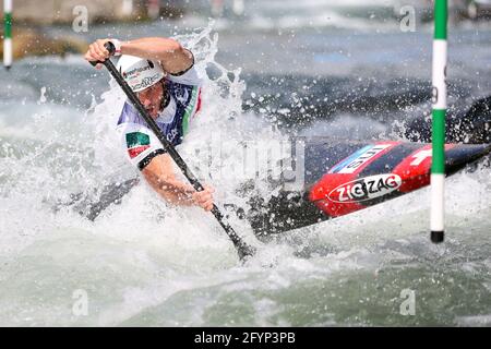 Thomas KOECHLIN of Switzerland competes in the Men's Canoe (C1) semifinals during the ECA Canoe Slalom European Championships on the Dora Baltea river Stock Photo