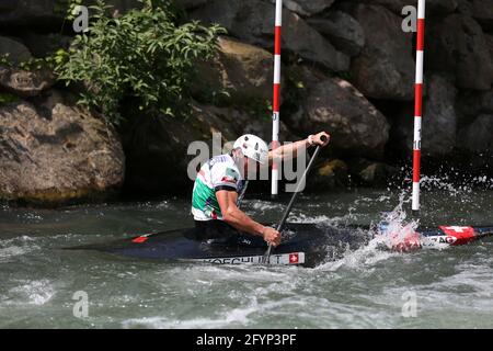 Thomas KOECHLIN of Switzerland competes in the Men's Canoe (C1) semifinals during the ECA Canoe Slalom European Championships on the Dora Baltea river Stock Photo