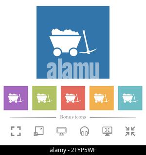 Loaded mine cart and pickaxe flat white icons in square backgrounds. 6 bonus icons included. Stock Vector