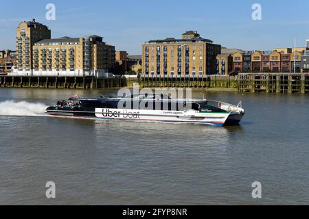 Uber Thames Clippers ferry boat, Thames river, Limehouse, East London, United Kingdom Stock Photo