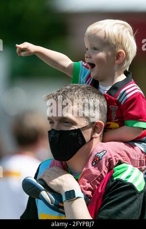 LONDON, UK. MAY 29TH: Harlequins fans during the Gallagher Premiership match between Harlequins and Bath Rugby at Twickenham Stoop, London on Saturday 29th May 2021. (Credit: Juan Gasparini | MI News) Credit: MI News & Sport /Alamy Live News