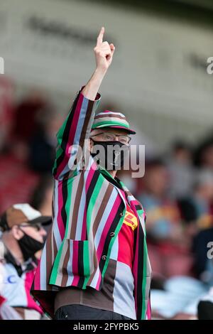 LONDON, UK. MAY 29TH: Harlequins fan gestures during the Gallagher Premiership match between Harlequins and Bath Rugby at Twickenham Stoop, London on Saturday 29th May 2021. (Credit: Juan Gasparini | MI News) Credit: MI News & Sport /Alamy Live News