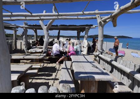 Illustration Saint Tropez and Ramatuelle. Pampelonne Beach, legendary Club ‘Le Club 55’ owner Patrice de Colmont Saint Tropez, southeastern France, on May 2021. Photo by Christian Liewig/ABACAPRESS.COM Stock Photo