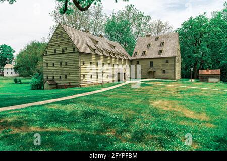 Ephrata, PA, USA - May 11, 2021: Buildings at the Ephrata Cloister grounds and historic area in Lancaster County, PA. Stock Photo