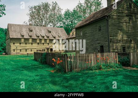 Ephrata, PA, USA - May 11, 2021: Buildings at the Ephrata Cloister grounds and historic area in Lancaster County, PA. Stock Photo