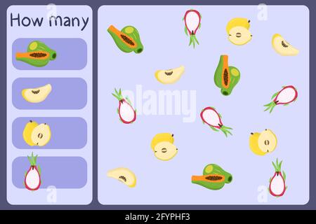 Kids mathematical mini game - count how many fruits - papaya, dragon fruit, quince. Educational games for children. Cartoon design template on colorful backdrop. Vector graphic. Stock Vector