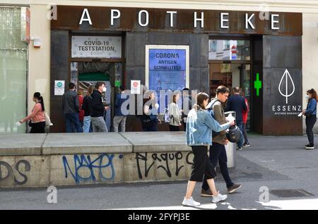Vienna, Austria. Pharmacy in Vienna on Mariahilferstrasse with Covid test station Stock Photo