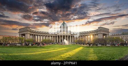 Kazan Cathedral or Kazanskiy Kafedralniy Sobor in Saint Petersburg, Russia at sunset, also known as the Cathedral of Our Lady of Kazan church Stock Photo