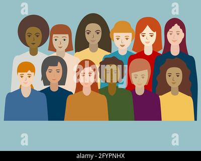 Multi ethnic group of women portrait. Different  girls stand side by side together Sisterhood and females friendship. Copy  space Vector illustration Stock Vector