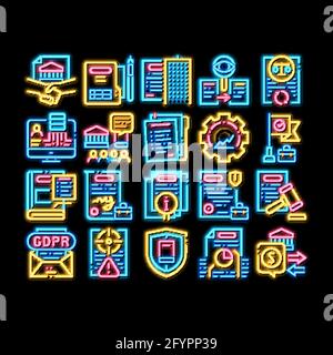 Policies Data Process neon glow icon illustration Stock Vector