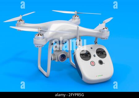 Drone quadrocopter with remote control on blue background, 3D rendering Stock Photo
