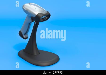 Barcode reader with stand on blue background, 3D rendering Stock Photo