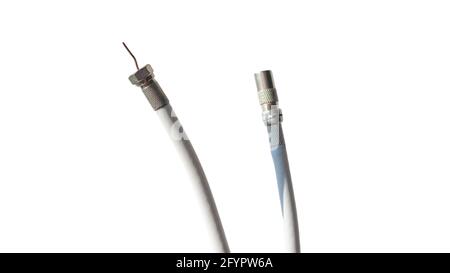 PAL antenna cable. Antenna and TV cord with copy space on a white background, plug, antenna cord, type F, coaxial cable. Isolated over white backgroun Stock Photo