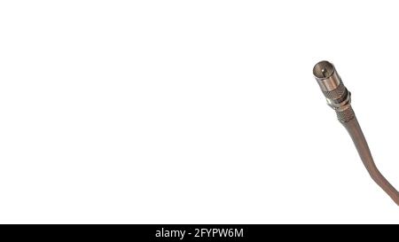 Antenna and TV cord. PAL antenna cable, plug, antenna cord, type F, coaxial cable. Isolated over white background. Wire with connector for tv. Stock Photo
