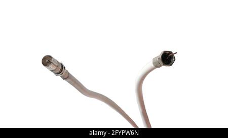 Antenna and TV cord with copy space. PAL antenna cable, plug, antenna cord, type F, coaxial cable. Isolated over white background. Wire with connector Stock Photo