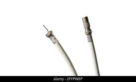 Antenna and TV cord isolated on white background with copy space .. PAL antenna cable, plug, antenna cord, type F, coaxial cable. Isolated over white Stock Photo