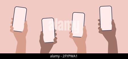 Hands holding phones. Flat smartphone with empty screen template. Stock Vector