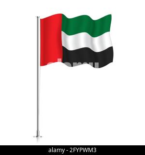 UAE flag waving on a metallic pole. The official flag of the United Arab Emirates, isolated on a white background. Stock Vector