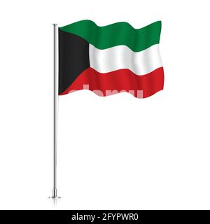 Kuwait flag waving on a metallic pole. The official flag of the State of Kuwait, isolated on a white background. Stock Vector