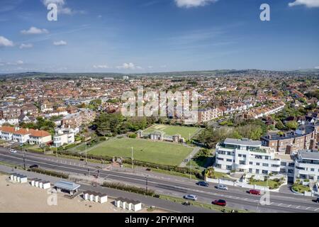 Worthing Marine Gardens and Winchelsea Garden on the seafront of West Worthing in West Sussex England. Aerial view. Stock Photo