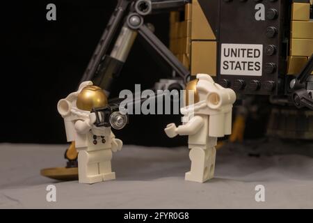 LUTON, UNITED KINGDOM - May 20, 2020: A moon landing as represented with Lego figures Stock Photo