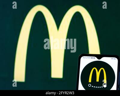 Ukraine. 29th May, 2021. In this photo illustration, a McDonald's Corporation logo seen displayed on a smartphone. (Photo by Igor Golovniov/SOPA Images/Sipa USA) Credit: Sipa USA/Alamy Live News Stock Photo